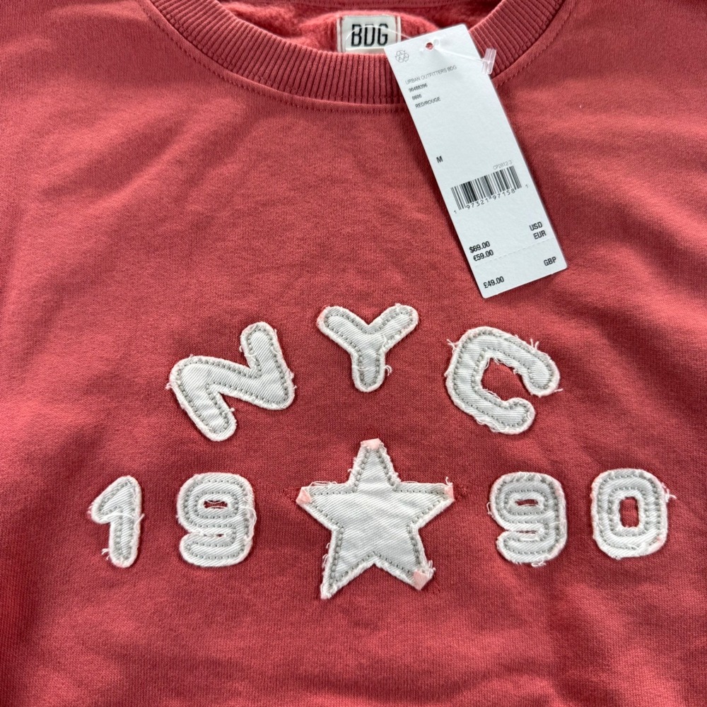 BDG Urban Outfitters NYC 1990 Applique Sweatshirt Red Orange Star Size M NEW - Picture 5 of 10